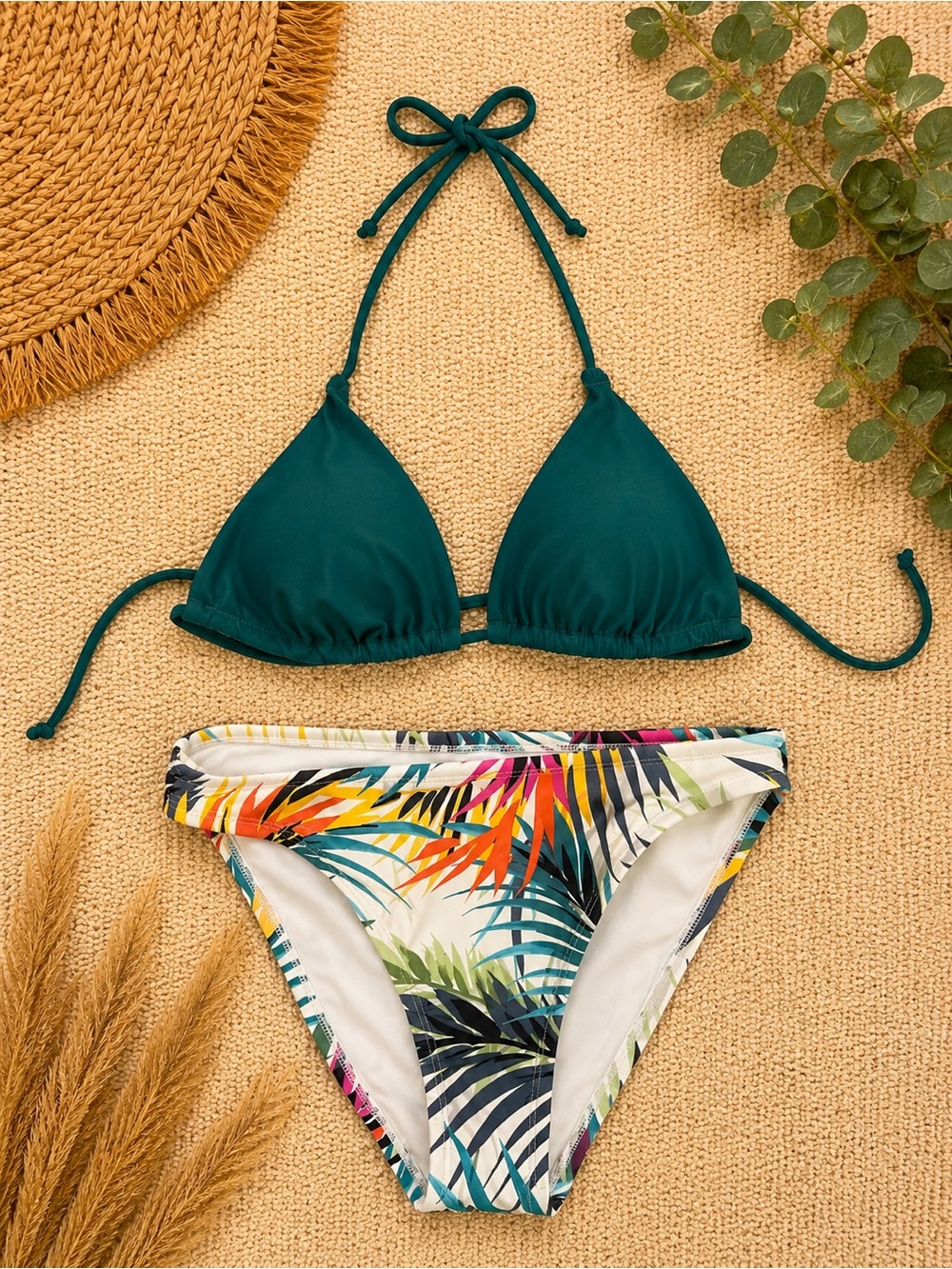 Shade & Shore Teal Triangle Bikini Top with Tropical Print Bottom